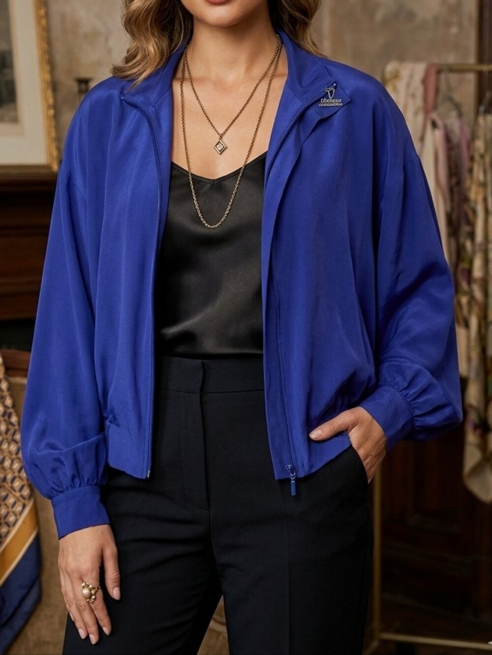 Just Silk Vintage Jacket Retro Batwing Style Gartered Hem Vibrant Blue W Large